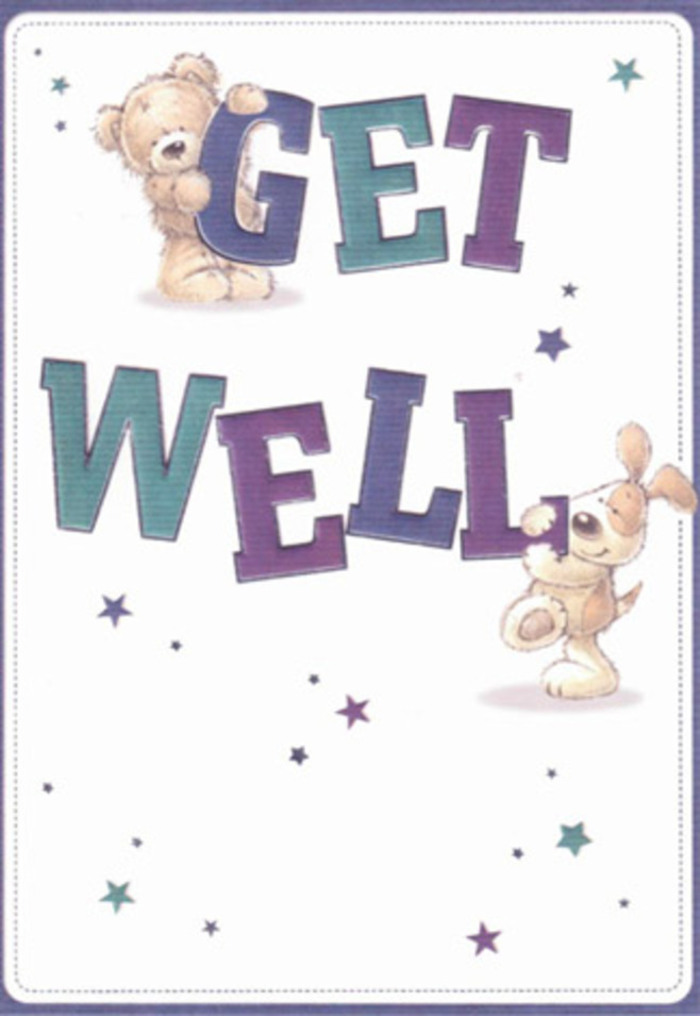 Captured in this whimsical get well card is a delightful pairing-the comforting embrace of a plush teddy bear and the lively companionship of a floppy-eared puppy, both drawn with a tactile softness that invites a sense of touch. The bear sits atop the confident script of 'GET,' eyes shining with encouragement, while the puppy playfully rests against the robust letters of 'WELL,' embodying the collective spirit of support found between Stoke Newington's tree-lined avenues. The typographic shades of purple and teal bring vibrancy and harmony, contrasting radiantly with the crisp white backdrop, much as a bouquet of fresh-cut blooms brightens a window overlooking Clissold Park. Dancing above and around, star motifs in deep blue and violet add an extra layer of magic and aspiration-tiny bursts of cheer reminiscent of twinkling fairy lights along Church Street after dusk. As a Stoke Newington florist, I see in this card the same precise hand and genuine heart poured into arranging flowers for a neighbour in recovery. This blend of comforting textures, lively colour, and playful detail creates an aura of tenderness and encouragement, a fitting tribute to both innocence and the healing strength of community.