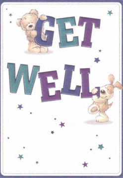 With its playful imagery and heartfelt detail, this get well card channels the welcoming spirit of Stoke Newington's bustling streets. A cuddly teddy bear is seen lovingly holding onto the top of 'GET,' while a joyous puppy nestles against the prominent 'WELL,' both characters drawn with expressive warmth and round, gently shaded forms. Hues of rich purple and tranquil teal bring energetic flair to the words, making them leap brightly from the card's spotlessly clean background, much as a burst of fresh flowers livens a N16 home. Sprinkled across the composition, star-like shapes in blue and magenta dance with hopeful energy, offering a touch of optimism like a note tucked into a bespoke bouquet. The illustrated textures-a bear's fuzzy coat, the puppy's silky ears-provide a near-tactile comfort, recalling the soft embrace of a loved one. Each detail reflects the careful thought that Stoke Newington florists devote to their arrangements, ensuring every gesture carries meaning. Like bouquets delivered by Florist Stoke Newington to local hospitals or homes near Abney Park, this visual message weaves together kindness, compassion, and a sense of belonging. The artwork's overall lightness and sincerity feel like a gentle smile, perfect for uplifting friends and neighbours as they recover.